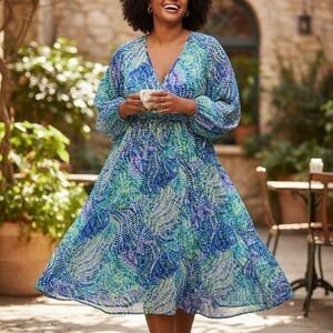 ESQUALO Blue & Green Abstract Print Dress size 16